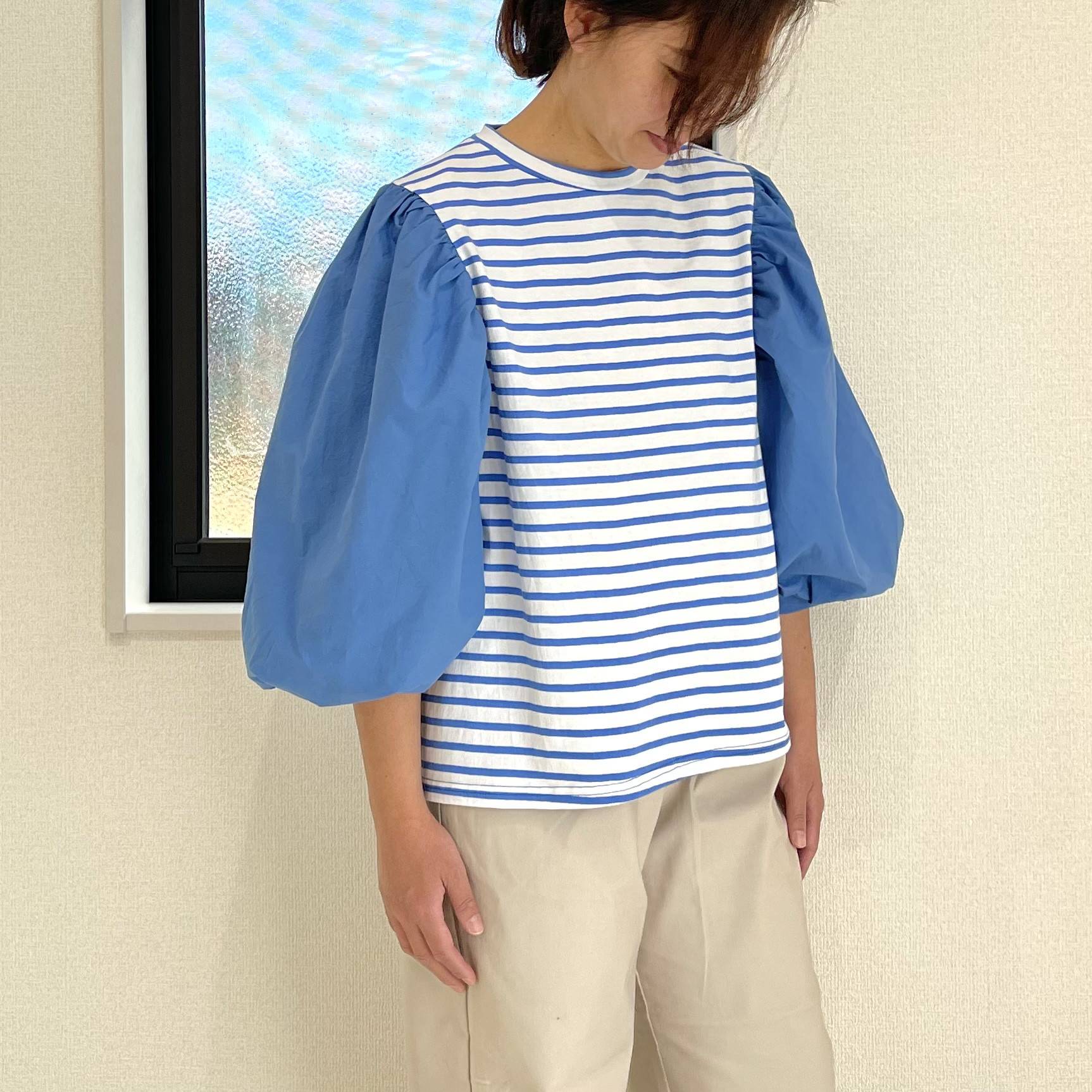 【春夏秋まで〇】くしゅふわが可愛い ボーダーバルーンスリーブブラウス 異素材 コットン100% (ブルー×オフホワイト)