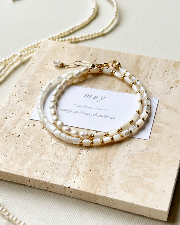 14kgf*Boho Bohemian シェルと淡水パールの2wayネックレス  