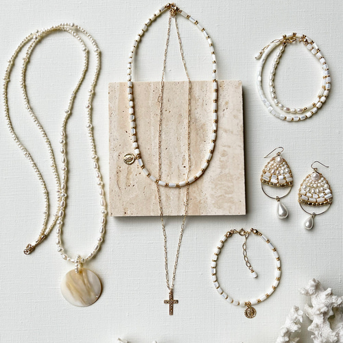 14kgf*Boho Bohemian シェルと淡水パールの2wayネックレス  