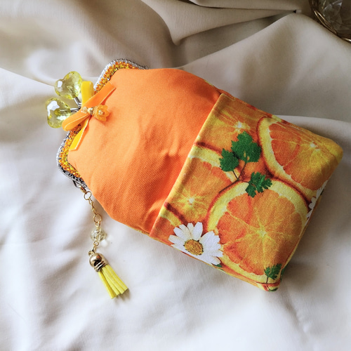 爽やかさ満点☆オレンジ総柄☆がま口 ポーチ 眼鏡もOK アスティン  