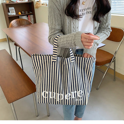 【2023.4新作♥即日発送】韓国ファッション　デニム風ストライプロゴバッグ　トートバッグ　鞄　-9397 2枚目の画像