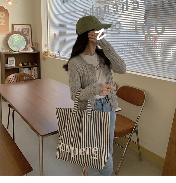 【2023.4新作♥即日発送】韓国ファッション　デニム風ストライプロゴバッグ　トートバッグ　鞄　-9397 4枚目の画像