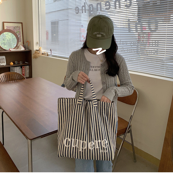【2023.4新作♥即日発送】韓国ファッション　デニム風ストライプロゴバッグ　トートバッグ　鞄　-9397 6枚目の画像