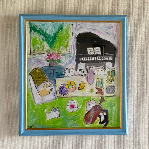 絵画 。壁掛け絵手描き【猫たちのデートの中で素敵なこと】