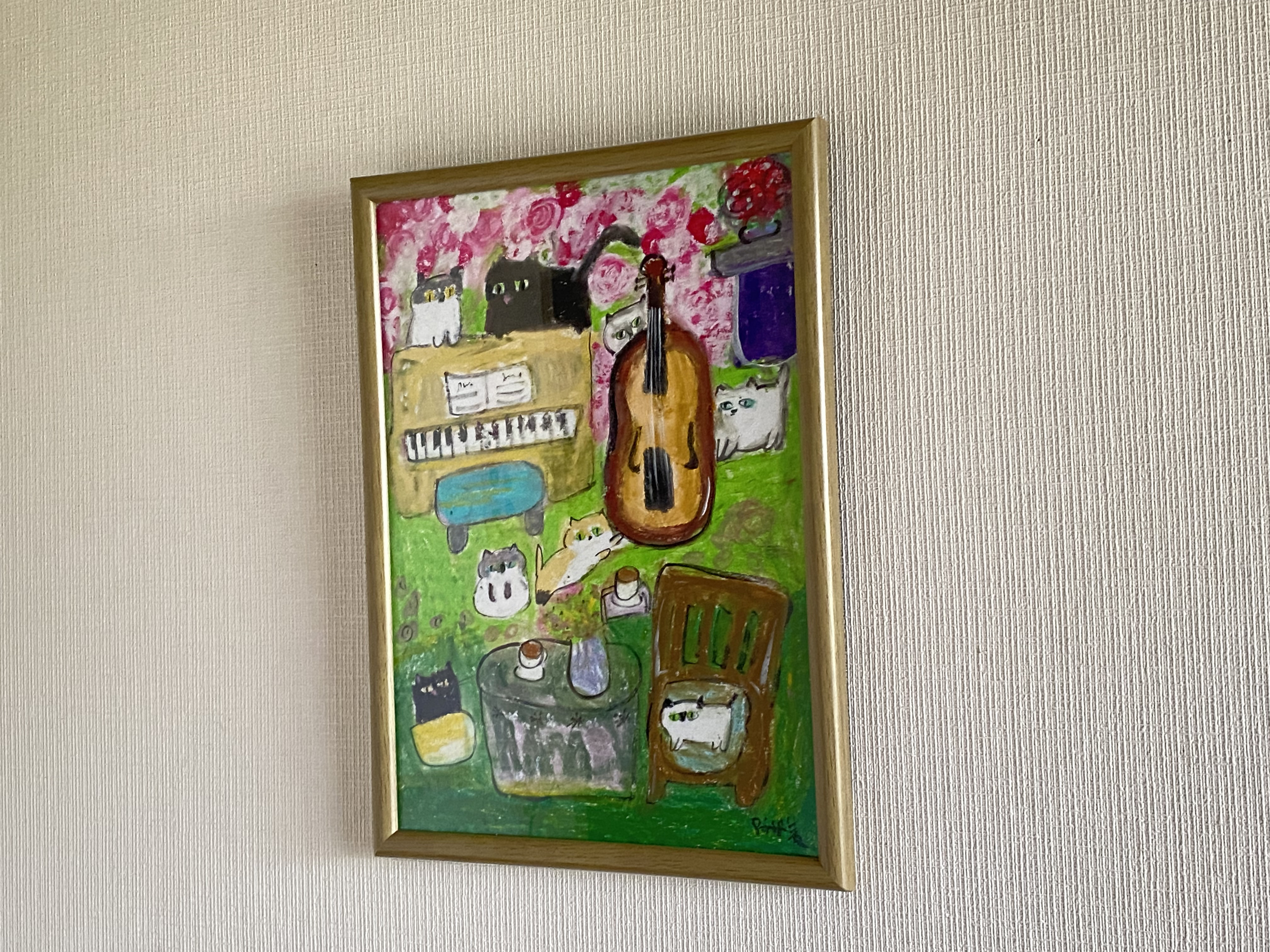 絵画。壁掛け絵原画手描き【猫たちは花が咲いた庭で演奏会を開く】