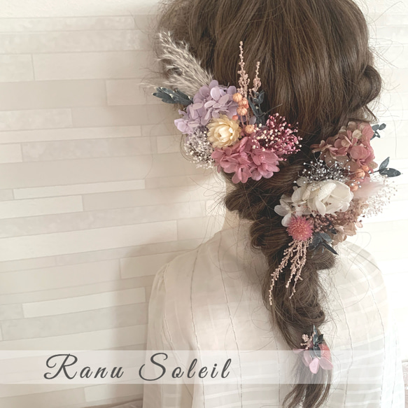 ヘッドドレス　pink botanical 髪飾り　結婚式　ウェディング　ドライフラワー　成人式　振袖　袴　 6枚目の画像