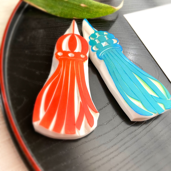 笹竹（七夕）の節句に風に揺れる大きな吹き流しのはんこセット（７月の消しゴムはんこ） 2枚目の画像