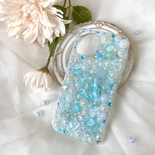 イニシャル&名入れ♡リボン✨水色 パール ツリー⭐︎キラキラ iPhoneケース ♡選べるイニシャルのキラキラ宝物箱スマホケース♡iPhoneケース