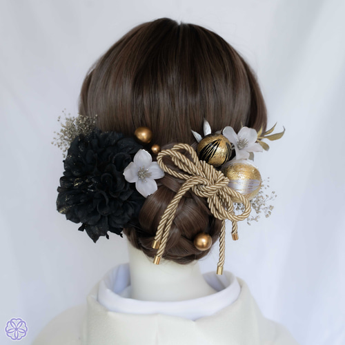 【変更あり】黒白金★No.5カメリアハート簪＆扇子★結婚式 成人式 髪飾りセット 5f8f303442371627bd10f6048c186a