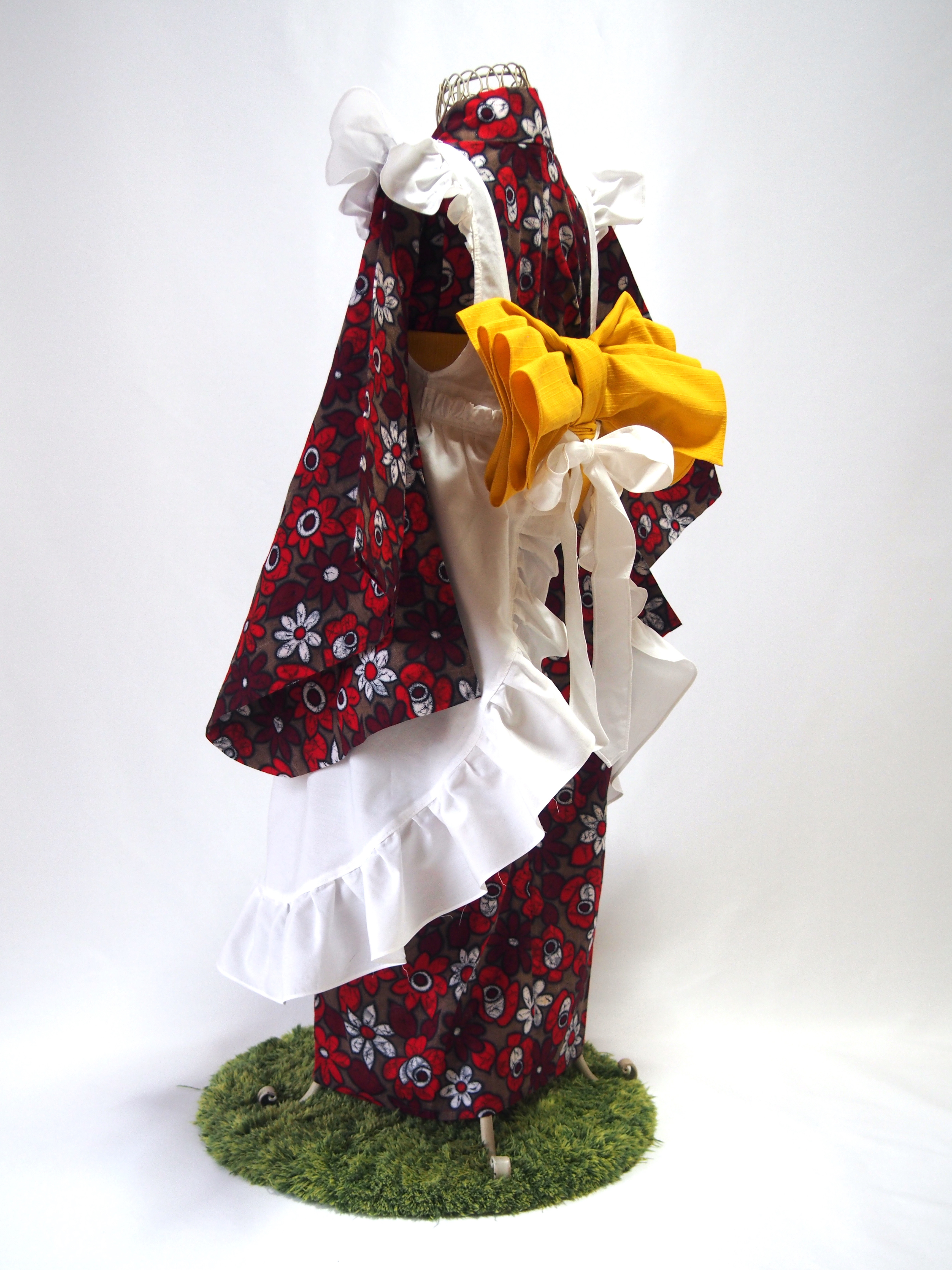 【生成り】袖の長い着物の味方！！可愛いくて便利なエプロンドレス・ソデストッパー付き★ふりふりエプロン／被布エプロン／子供