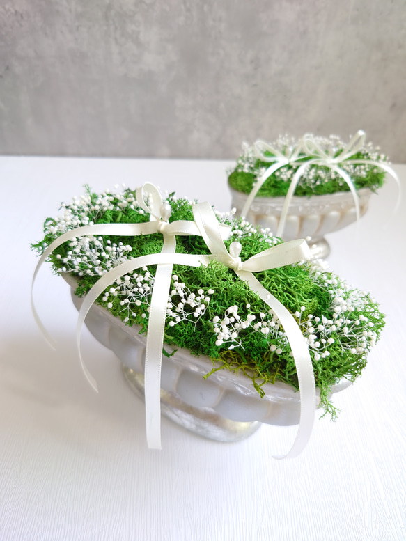 苔moss＆かすみ草babybreath のリングピロー【Ｌsize】陶器・Box入り 4枚目の画像