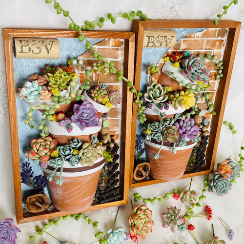 多肉ウォールアート♡多肉植物アレンジ♪樹脂粘土多肉 割れ鉢 レンガ調