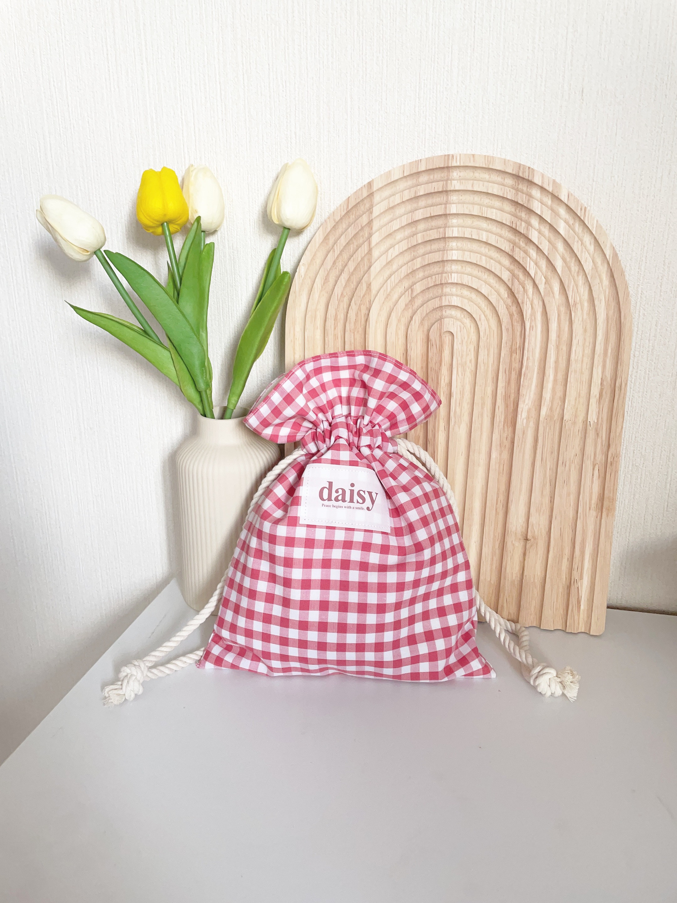 BASICギンガムチェック巾着(ピーチ) 巾着袋 daisy__hm 通販