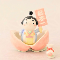 陶器製人形・「桃湖」作者不明？【高さ／18cm】。 陶器 小さな桃太郎3点セット 水色】端午の節句 五月人形 こどもの日 高