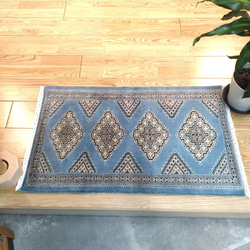 パキスタン絨毯 シルクタッチ 玄関マット ライトブルー 77x47cm 手織り