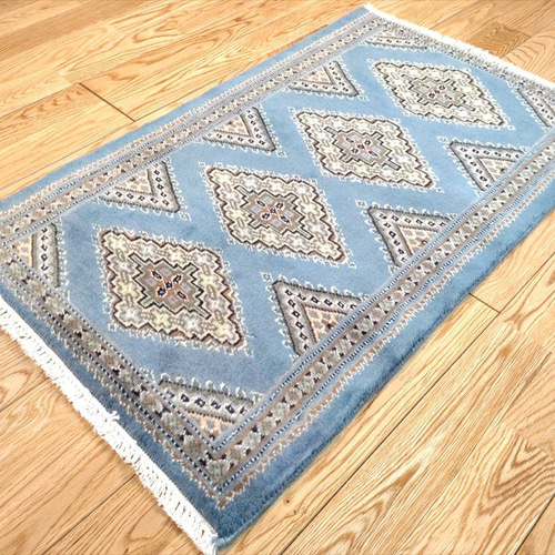 パキスタン絨毯 シルクタッチ 玄関マット ライトブルー 77x47cm 手織り