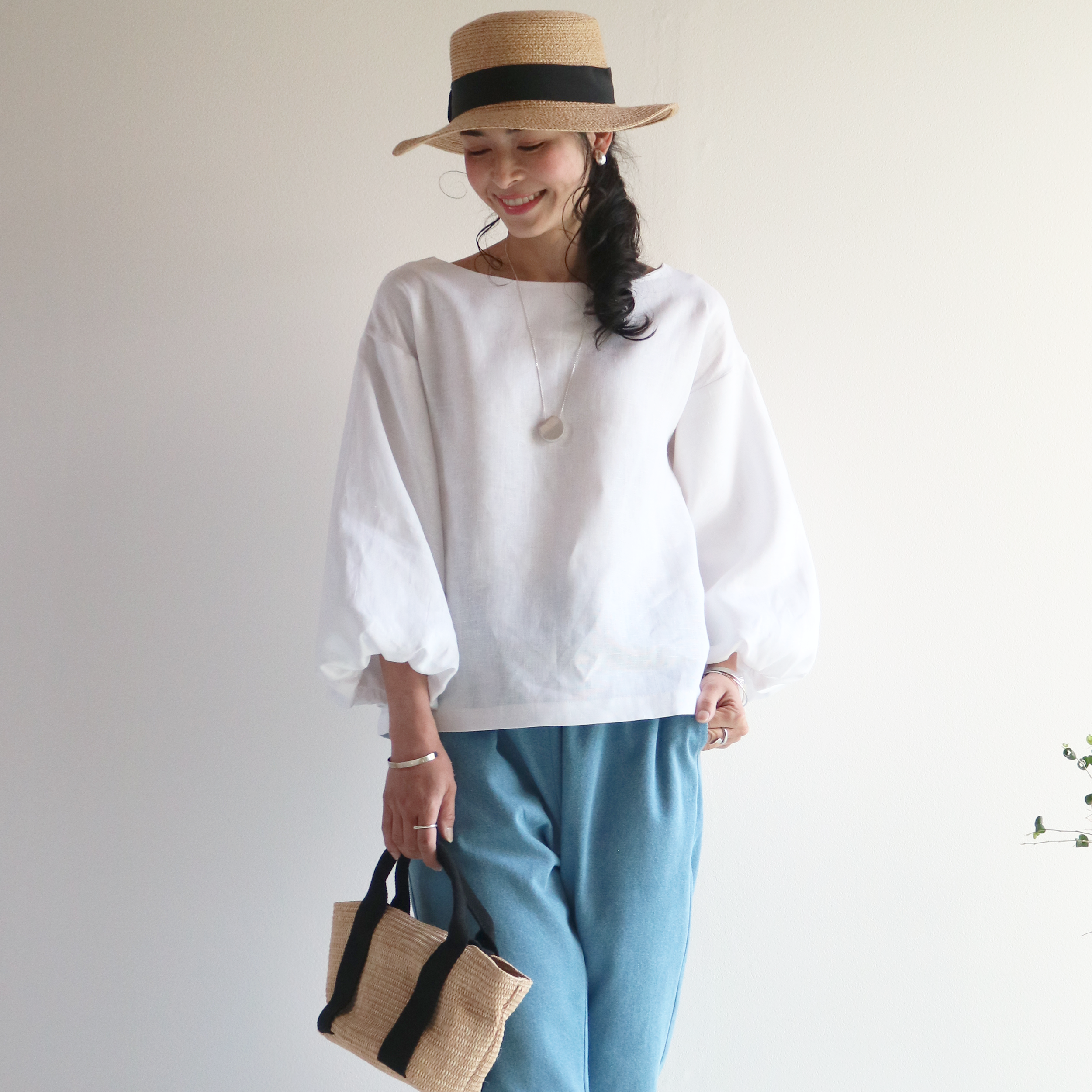 春夏【ホワイト】洗えるリネン100%バルーンスリーブプルオーバー❤️ 5,168円