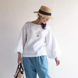 春夏【ホワイト】洗えるリネン100%バルーンスリーブプルオーバー❤️ 3枚目の画像