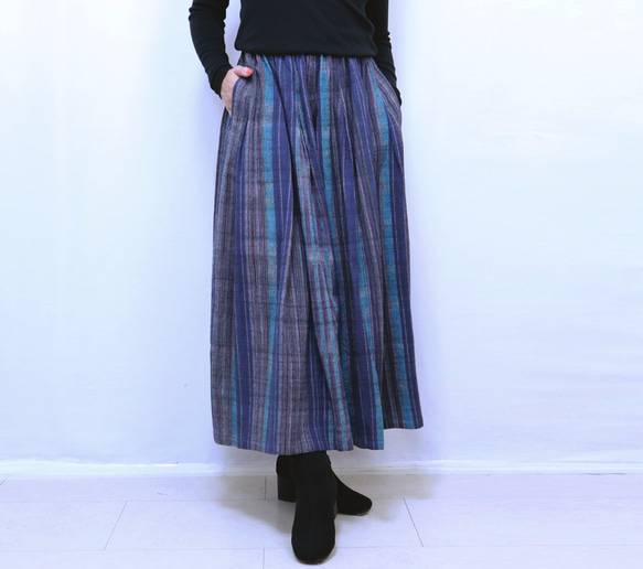 再販☆手織り綿絣ロングスカート、ブルーミックス、オールシーズン 6枚目の画像