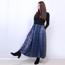 再販☆手織り綿絣ロングスカート、ブルーミックス、オールシーズン 3枚目の画像