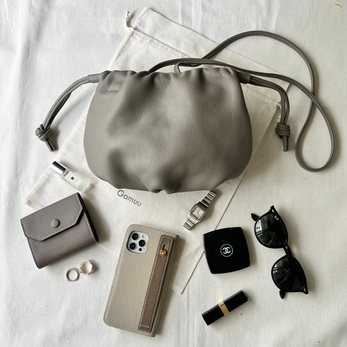 本革 巾着ショルダーバッグ 名入れ キーホルダー付き レザーバッグ