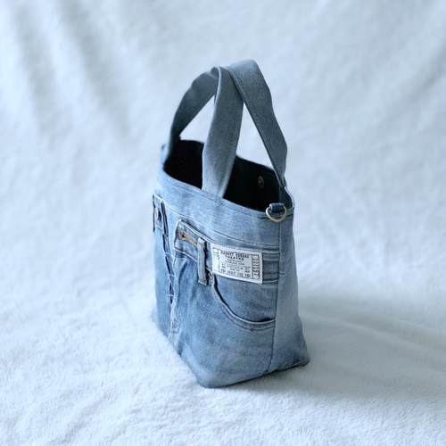 バケツ型 2WAY ポケット ミニトートバッグ ＊デニムリメイク×シンプル