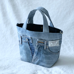 バケツ型 2WAY ポケット ミニトートバッグ ＊デニムリメイク×シンプル