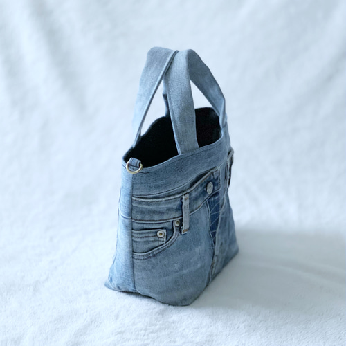 バケツ型 2WAY ポケット ミニトートバッグ ＊デニムリメイク×シンプル