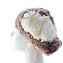 髪飾り　ヘッドドレス　ボンネ　ヒトデ　ダリア　ローズ　胡蝶蘭　白　ホワイト　アートフラワー　造花　結婚式　ウェディング 2枚目の画像