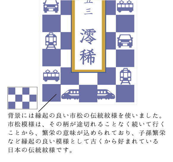 七五三の千歳飴袋"小サイズ"乗り物市松柄、名入れ無料 5枚目の画像