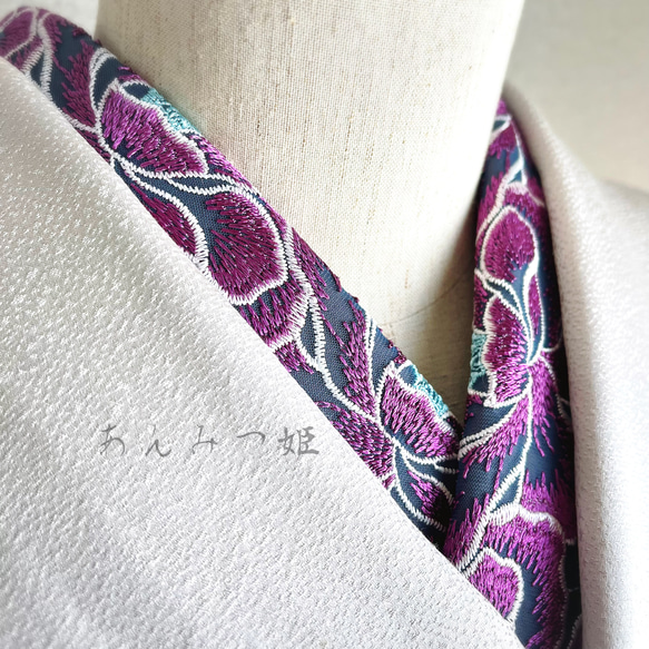 洗える刺繍半襟  梅紫のお花【ラスト】 2枚目の画像