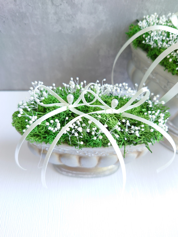 苔moss＆かすみ草babybreath のリングピロー【Msize】陶器・Box入り 4枚目の画像