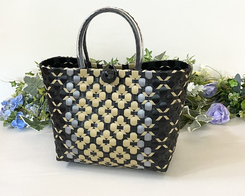 ppバンドの プラカゴ 大人可愛い 花柄かごバッグ ～Mサイズ～ キャメル