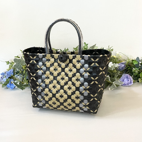 ppバンドの プラカゴ 大人可愛い 花柄かごバッグ ～Mサイズ～ キャメル