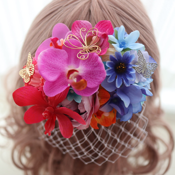 髪飾り　ヘッドドレス　カラフル　ボンネ　蘭　胡蝶蘭　薔薇　蝶　アートフラワー　結婚式　ウェディング 4枚目の画像