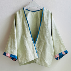 送料無料 " 新緑 "コットンシルク素材 藍染+泥染 上品で軽やか、ほのかな光沢感のあるショート丈カーディガン　羽織り 6枚目の画像