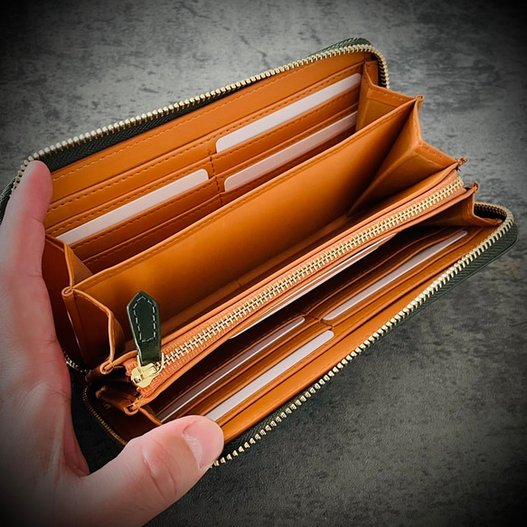 イタリアンレザー 大容量 長財布 カード１５枚 メンズ財布 レディス財布 本革 グリーン 緑 6枚目の画像