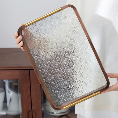 フローラガラス トレー 木製 幅45cm 送料無料 キッチン雑貨 カフェ風