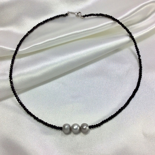 淡水パール×ブラックダイヤネックレス ブラック淡水パールネックレス 秋冬メタリックに染められた