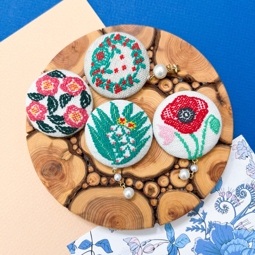 月桃 沖縄サンニン 刺繍くるみボタンブローチ/ヘアゴム plantsplanet