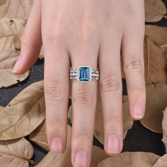 12月誕生石 ナチュラル ロンドンブルートパーズ 婚約指輪 セット モアッサナイト ハロー フルエタニティリング 7枚目の画像
