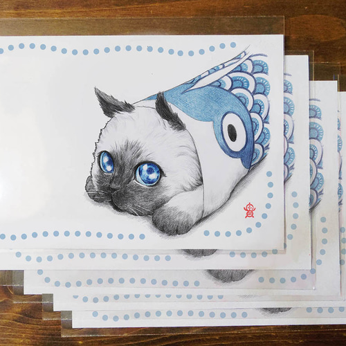 鯉のぼり猫さんイラストポストカード・5枚セット ポストカード