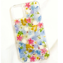 押し花スマホケース 押し花iPhoneケース 押し花ケース デルフィニウム ミモザ バーベナ 1枚目の画像