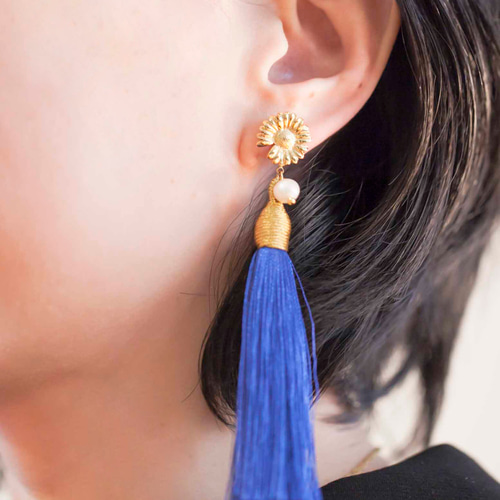 瑠璃色】淡水パール+タッセルのピアス☆/ブルー/イヤリング  