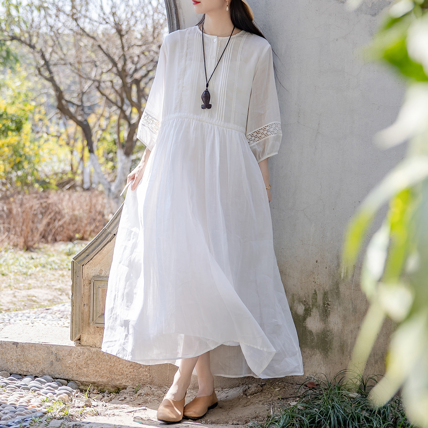 リネンのワンピース 白 ワンピース ロング ワンピース レディース 服 