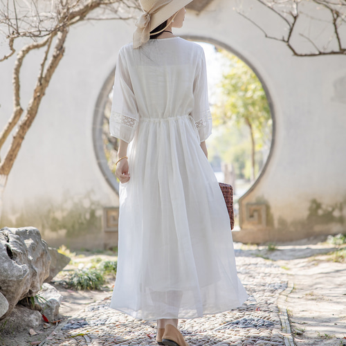 リネンのワンピース 白 ワンピース ロング ワンピース レディース 服