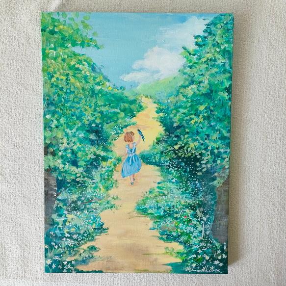 少女と青い鳥　キャンバス画　原画 1枚目の画像