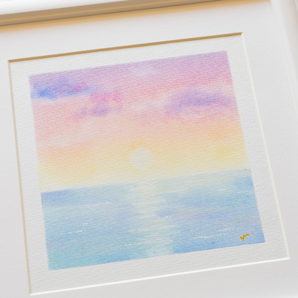 【原画・フレーム付き】「夕（ゆう）」　パステルアート　風景　太陽　海　イラスト 1枚目の画像