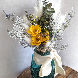 【creema限定】花瓶付き！ミモザとアネモネのドライフラワースワッグ　花束　インテリア 1枚目の画像