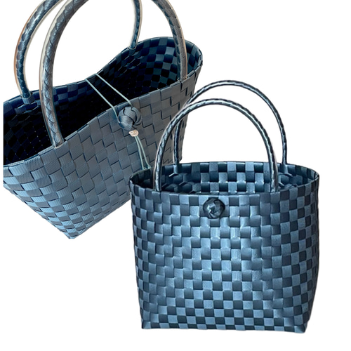 ppバンドの かごバッグ メタリックブルー 水に強くて丈夫 スパバッグ